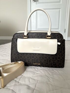 Like New Calvin Klein Signature Brown & Tan Satchel Crossbody Detachable Strap